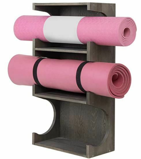 Types of Yoga Mat Storage: MyGift Wall-Mounted Vintage Gray Wood 3-Tier Yoga and Barre Mats Storage Rack
